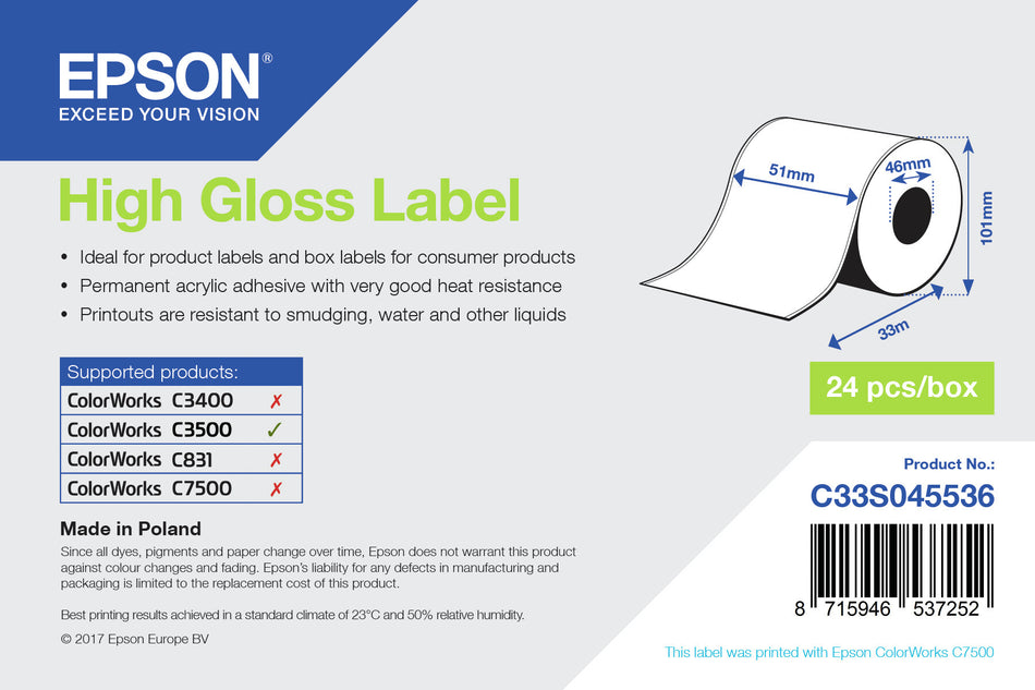 Epson High Gloss Label - Continuous Roll: 51mm x 33m