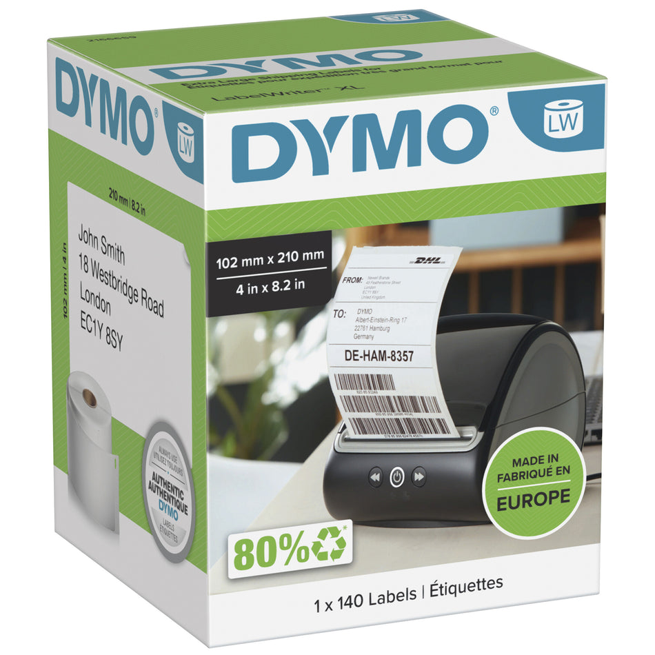 DYMO Authentic LabelWriter DHL Shipping Labels | 102 mm x 210 mm | Self Adhesive | Roll of 140 Easy-Peel Labels | for LabelWriter 5XL/4XL Label Makers | Made in Europe