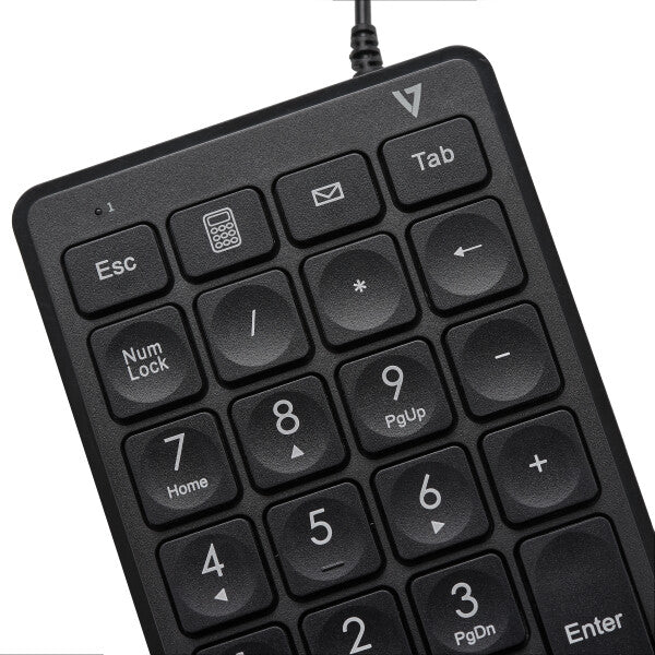 V7 KP350 USB Wired Numeric Keypad - 22 Key - Calculator, Tab, Backspace Shortcut Keys - 6ft Cable - USB Type A - Keyboard , Notebook, Laptop - Black - Chrome OS - Windows - MacOS - Number