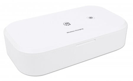 Manhattan UV Phone Sanitizer with Wireless Charger, 10 W Wireless Charging Pad, Integrated UV LEDs to eliminate germs, viruses and bacteria, Quick 1-minute or 5-minute cleaning cycle, Auto-off UV light when opened, White, 3 Year Warranty