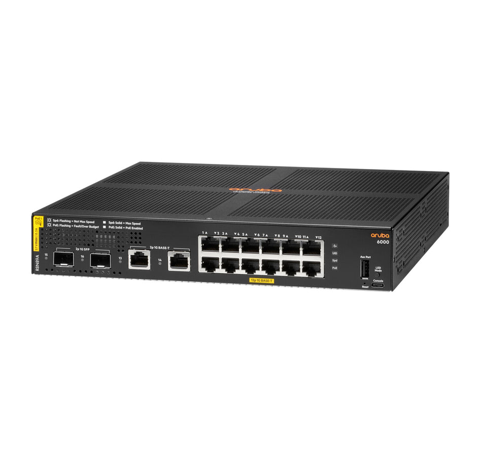 HPE Aruba Networking Aruba 6000 12G Class4 PoE 2G/2SFP 139W Managed L3 Gigabit Ethernet (10/100/1000) Power over Ethernet (PoE) 1U