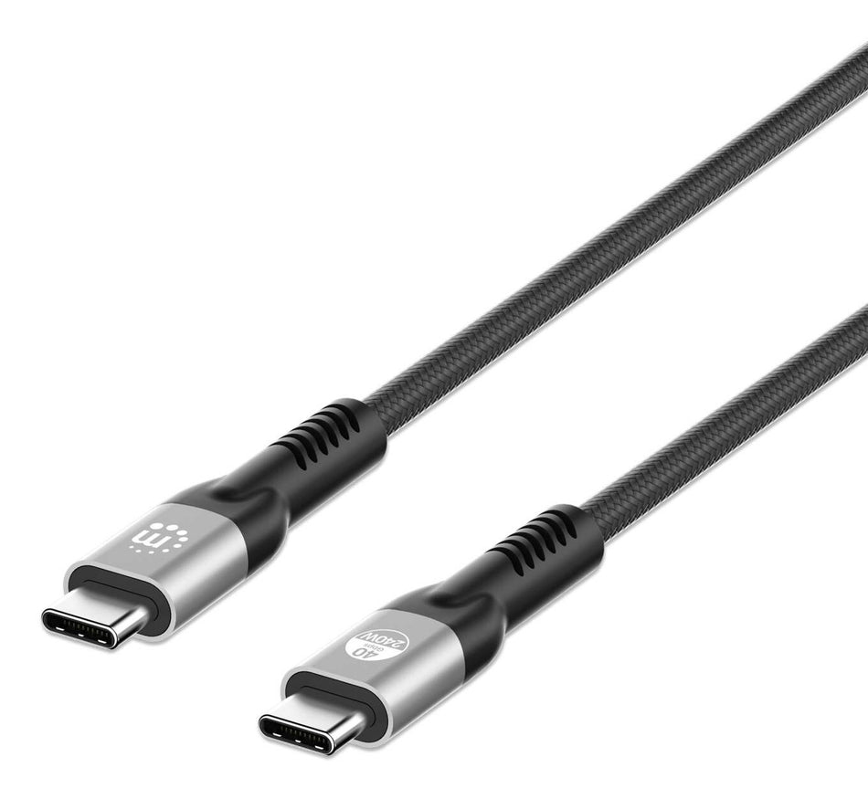 Manhattan USB-C to USB-C Cable (240W USB4), 2m, Male to Male, Black, 40 Gbps, 8K Video, Power Delivery 3.1 (backward compatible with 140/100/65W)Extended Power Range (EPR) charging up to 240W (Note additional USB-C 240W wall charger needed), 3 Year Warran