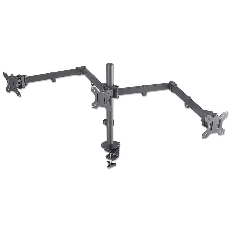 Manhattan TV & Monitor Mount, Desk, Double-Link Arms, 3 screens, Screen Sizes: 10-27", Black, Clamp Assembly, Triple Screen, VESA 75x75 to 100x100mm, Max 7kg (each), Lifetime Warranty