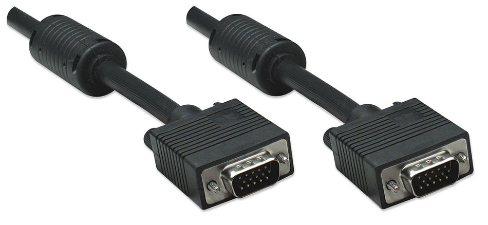 Manhattan VGA Monitor Cable (with Ferrite Cores), 1.8m, Black, Male to Male, HD15, Cable of higher SVGA Specification (fully compatible), Shielding with Ferrite Cores helps minimise EMI interference for improved video transmission, Lifetime Warranty, Poly