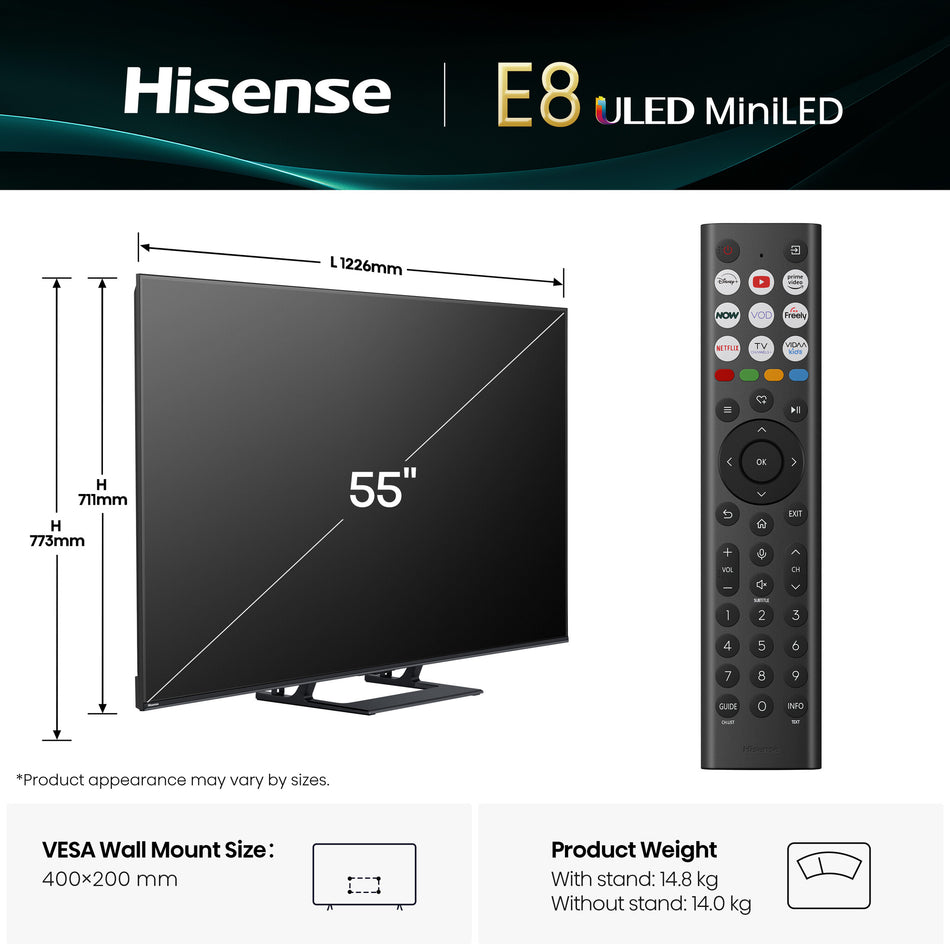 Hisense 55" E8QTUK MiniLED 144Hz Smart AI TV with Freely