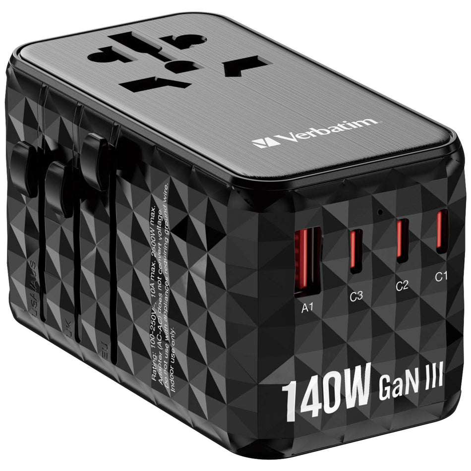 Verbatim UTA-10 140W GaN III Universal Travel Adapter with 2 x USB-C PD 3.1 & QC 4+, 1 x USB-C PD 3.0 & 1 x USB-A QC 3.0 ports