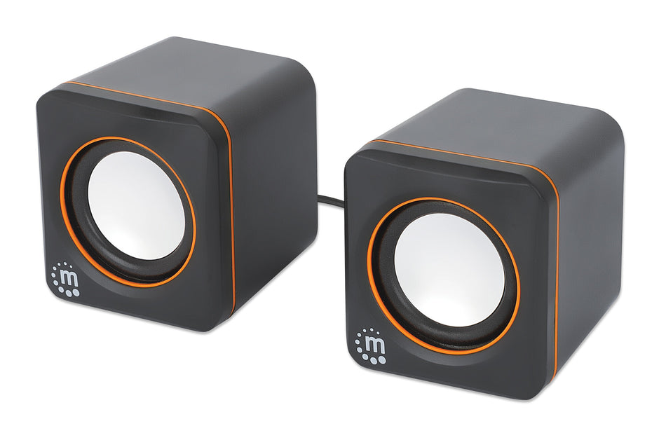 Manhattan 2600 Series Speaker System, Two Speakers, Black/Orange, USB for Stereo Audio and Power, Output: 2x 3W, Decent Sound, Integrated rotary volume control, USB-C/USB-A Adapter, Cable 1.4m