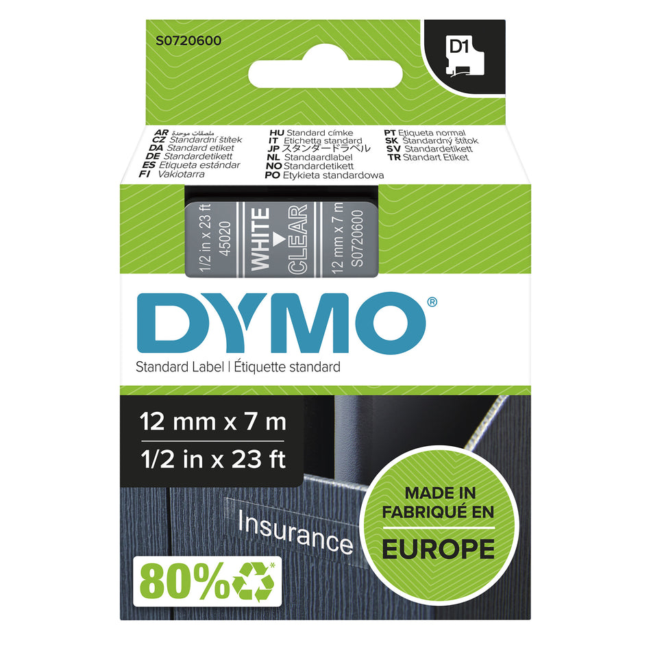 DYMO Authentic D1 Labels | White Print on Clear Tape | 12 mm x 7 m | Self-Adhesive Labels for LabelManager Label Makers | Made in Europe