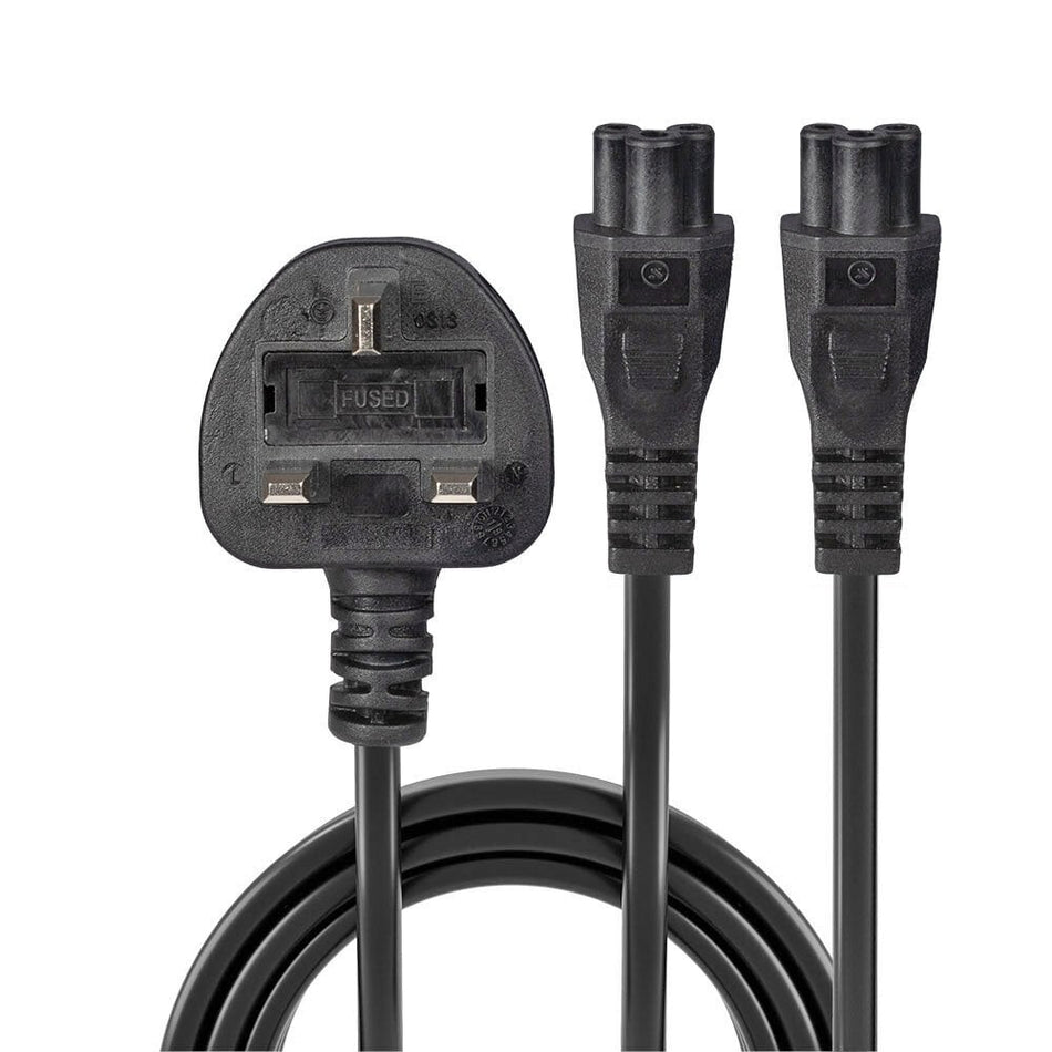 Lindy 2.5m UK 3 Pin Plug To IEC 2 x C5 Splitter Extension Cable, Black