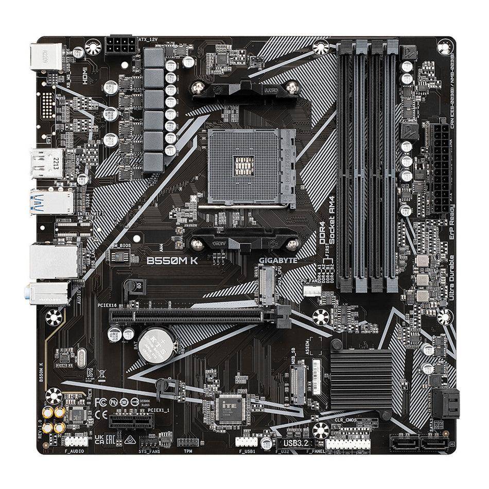 GIGABYTE B550M K Motherboard - Supports AMD Ryzen 5000 Series AM4 CPUs, up to 4733MHz DDR4 (OC), 2xPCIe 3.0 M.2, GbE LAN, USB 3.2 Gen1