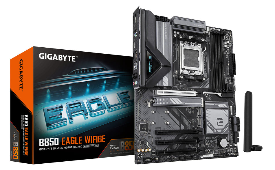 GIGABYTE B850 EAGLE WIFI6E Motherboard - AMD Ryzen 9000 Series CPUs, 8+2+2 Phases Digital VRM, up to 8200MHz DDR5 (OC), 1xPCIe 5.0 + 2xPCIe 4.0 M.2, GbE LAN, WIFI 6E, USB 3.2 Gen 2