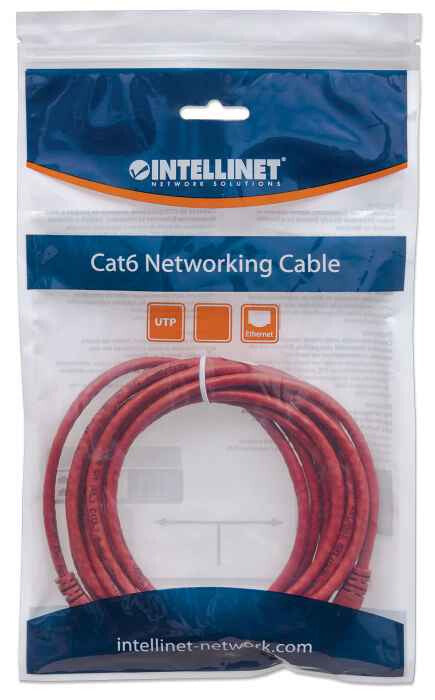 Intellinet Network Patch Cable, Cat6, 1.5m, Red, CCA, U/UTP, PVC, RJ45, Gold Plated Contacts, Snagless, Booted, Lifetime Warranty, Polybag