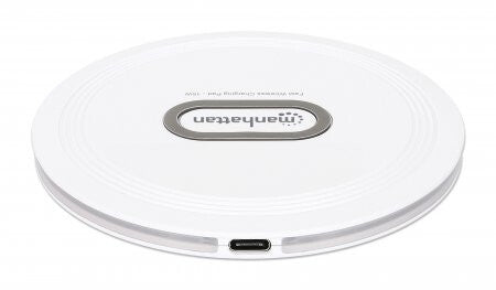 Manhattan Smartphone Wireless Charging Pad, Up to 15W charging (depends on device), QI certified, USB-C to USB-A cable included, USB-C input into pad, Cable 80cm, White, Three Year Warranty, Boxed