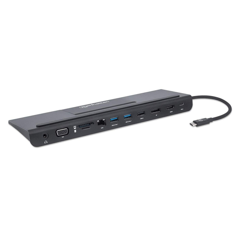 Manhattan USB-C Dock/Hub with Card Reader and MST, Ports (x9): Audio 3.5mm, DisplayPort, Ethernet, HDMI, USB-A (x3), USB-C and VGA, With Power Delivery (100W) to USB-C Port (Note add USB-C wall charger and USB-C cable needed),All Ports can be used at the