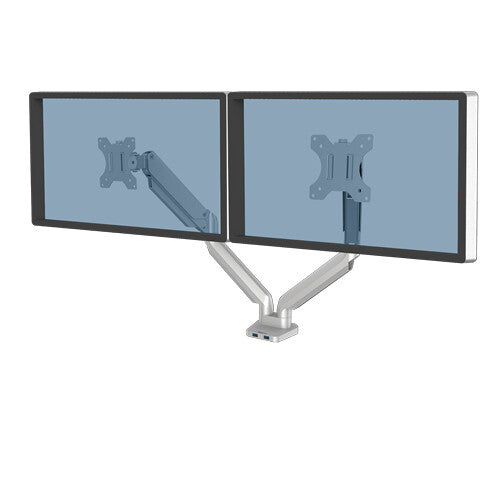 Fellowes Platinum Series Dual Monitor Arm - Monitor Mount for Two 8KG 40 Inch Screens - Adjustable Dual Monitor Desk Mount - Tilt 45° Pan 180ᵒ Swivel 360ᵒ Rotation 360ᵒ, VESA 75 x 75/100 x 100 - Silver