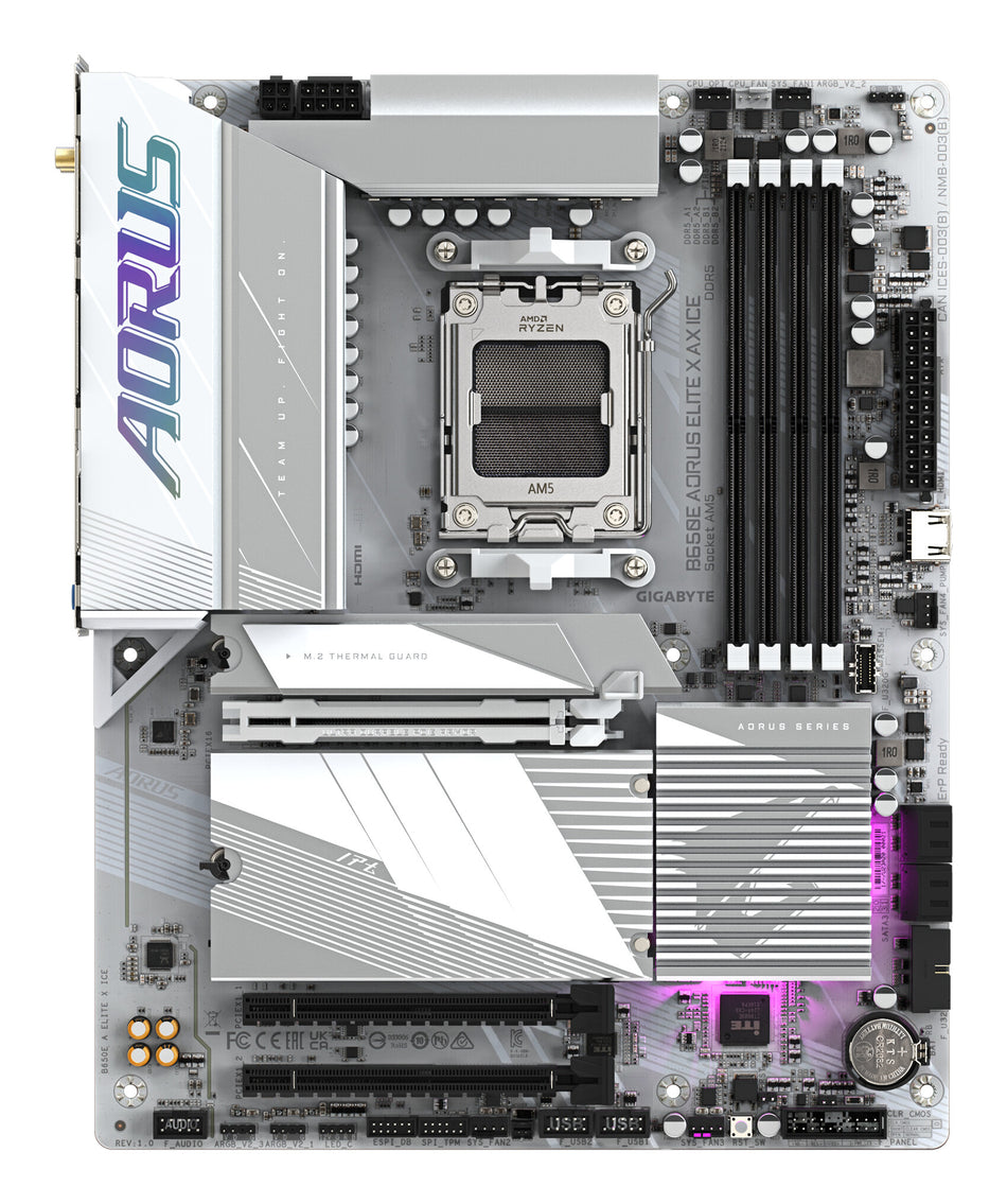 GIGABYTE B650E AORUS ELITE X AX ICE Motherboard - AMD Ryzen 9000 Series CPUs, 12+2+2 Phases VRM, up to 8000MHz DDR5 (OC), 1xPCIe 5.0 + 2xPCIe 4.0 M.2, 2.5GbE LAN, WIFI 6E, USB 3.2 Gen 2