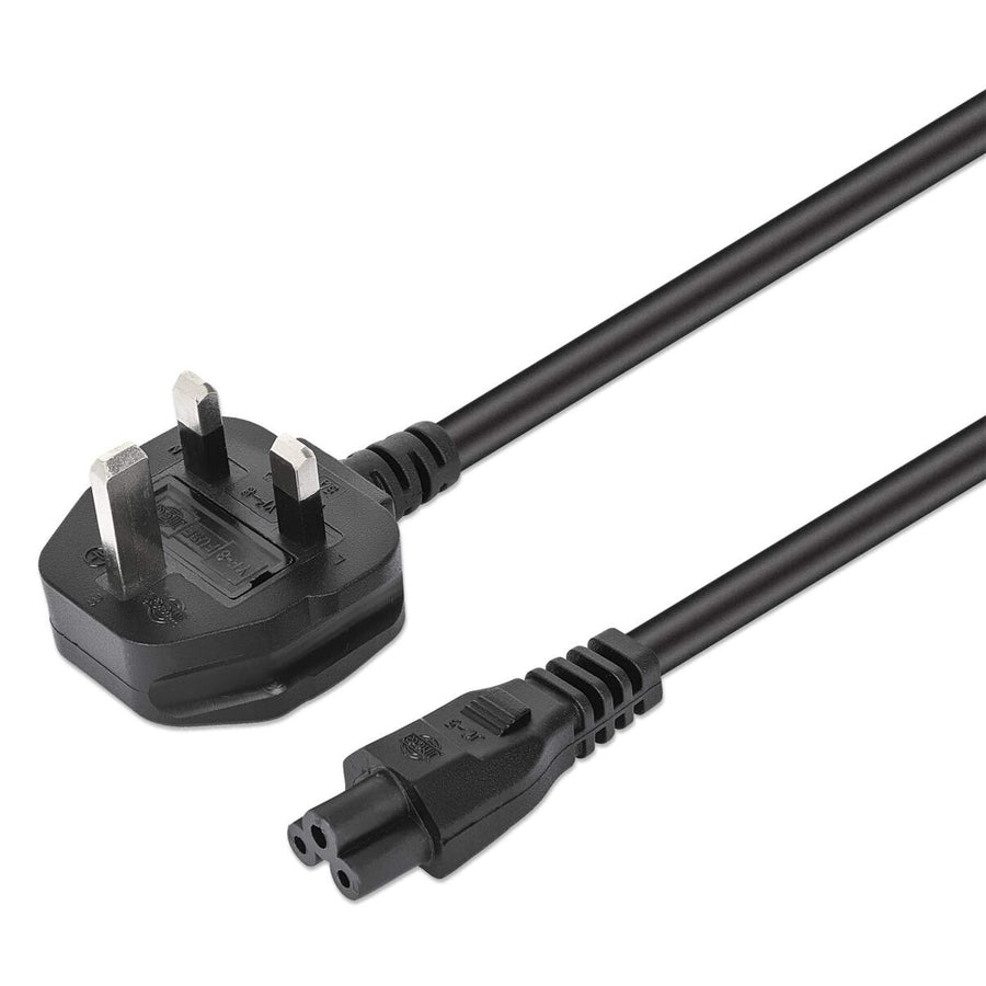 Manhattan Mains Power Cord/Cable, UK 3-pin plug to C5 Female (cloverleaf/triangular), 1.8m, 16A, Lead, Lifetime Warranty