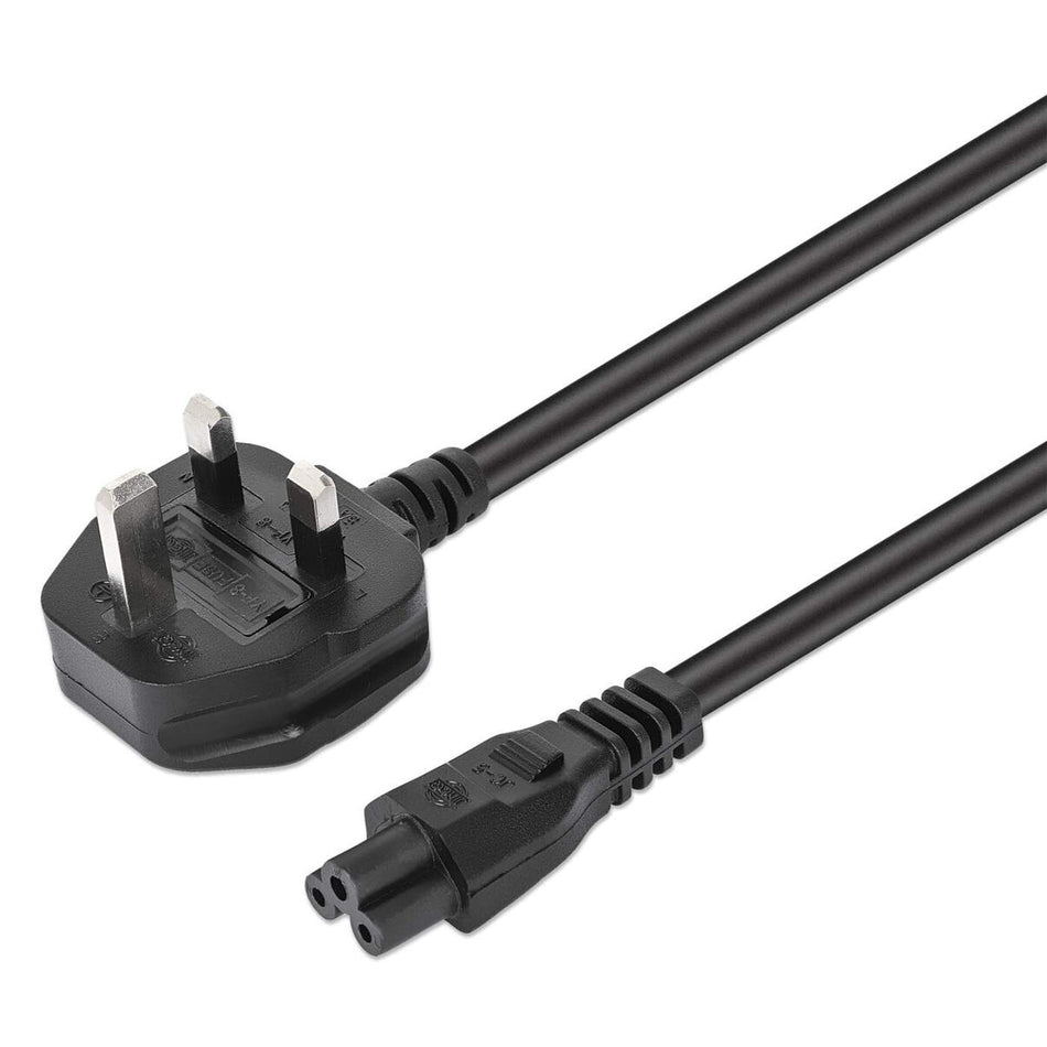 Manhattan Power Cord/Cable, UK 3-pin plug to C5 Female (cloverleaf/triangular), 1.8m, 16A, Lead, Lifetime Warranty