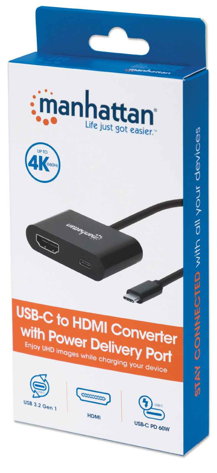 Manhattan USB-C to HDMI and USB-C (inc Power Delivery), 4K@60Hz, 19.5cm, Black, Power Delivery to USB-C Port (60W), Equivalent to CDP2HDUCP, Male to Females, Lifetime Warranty, Retail Box