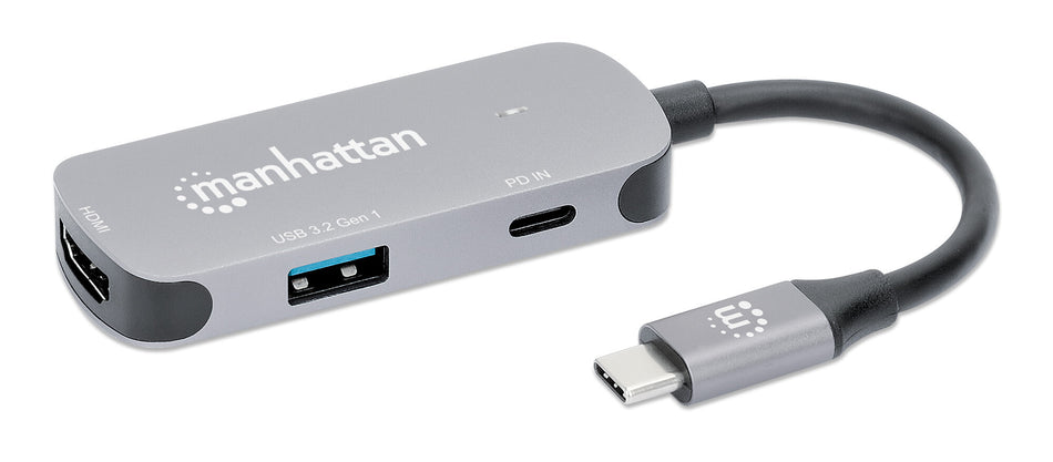 Manhattan USB-C Dock/Hub, Ports (x3): HDMI, USB-A and USB-C, With Power Delivery (100W) to USB-C Port (Note additional USB-C wall charger and USB-C cable needed), HDMI: 4k@60Hz, USB-A: 5 Gbps USB 3.2 Gen1 aka USB 3.0, Cable 11cm, Grey