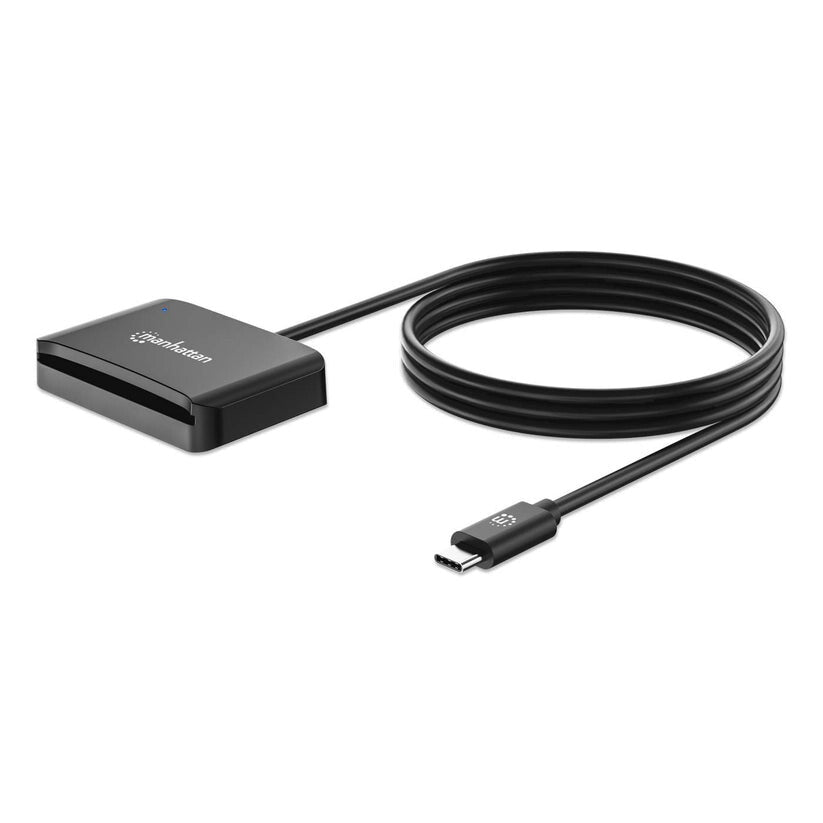 Manhattan USB-C Contact Smart Card Reader with MicroSD slot, USB Type-C Male to Contact Reader Interface and microSDXC, Supports Windows, macOS and Linux, Reads SIM Cards with Adapter, Cable 1m, Black, Three Year Warranty