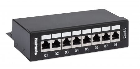 Intellinet Patch Panel, Cat6a, FTP, 8-Port, Desktop, Shielded, 90° Top-Entry Punch Down Blocks, Black