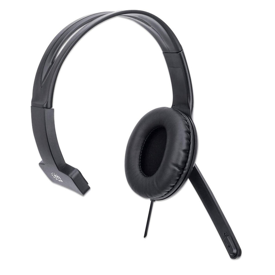 Manhattan Mono Over-Ear Headset (USB) (Clearance Pricing), Microphone Boom (padded), Retail Box Packaging, Adjustable Headband, In-Line Volume Control, Ear Cushion, USB-A for both sound and mic use, cable 1.5m, Three Year Warranty