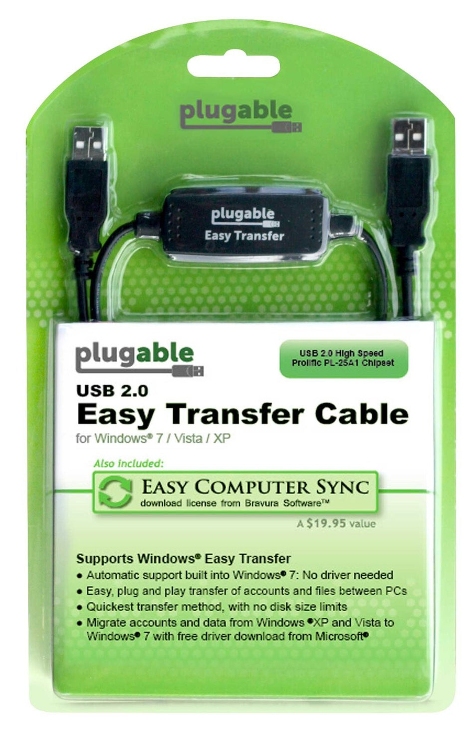 Plugable Technologies USB Transfer Cable, Unlimited Use, Transfer Data Between 2 Windows PC's, Compatible with Windows 11, 10, 7, XP, Bravura Easy Computer Sync Software Included