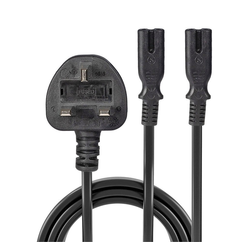 Lindy 2.5m UK 3 Pin Plug to 2 x IEC C7 Splitter Extension Cable, Black