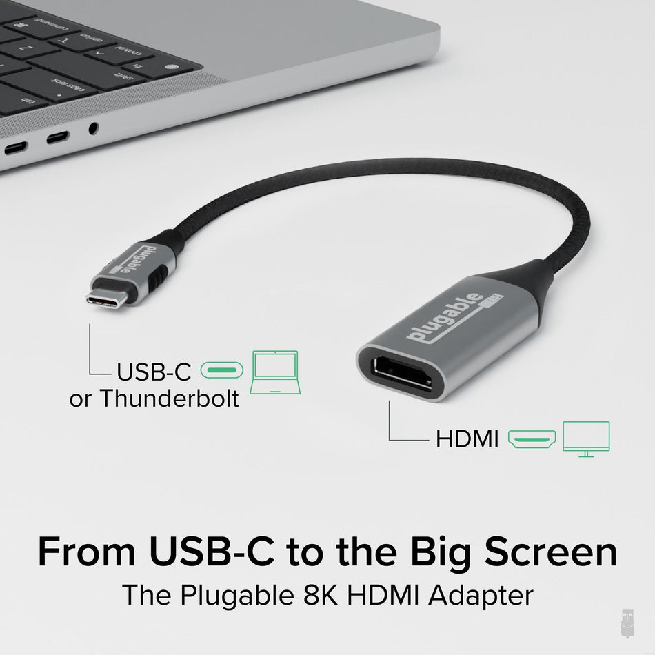 Plugable Technologies USB C to HDMI Adapter, HDMI 2.1, 8K 60Hz or 4K 144Hz, USB4 / Thunderbolt to Adapter for 4K HDR Monitor, XPS, iPhone 15, iPad Pro, Macbook Pro, Mac Resolution up to 4K 60Hz (USBC-HDMI8K)