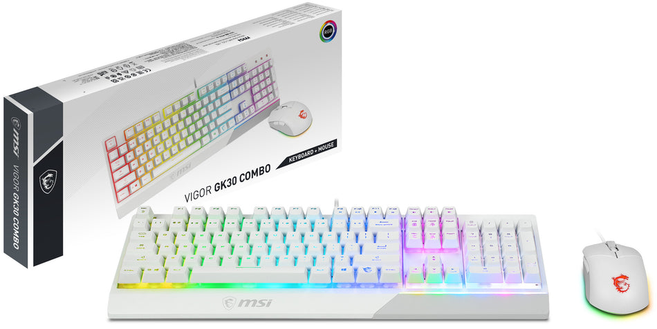 MSI VIGOR GK30 COMBO WHITE UK RGB MEMchanical Gaming Keyboard + Clutch GM11 WHITE Gaming Mouse ' UK Layout, 6-Zone RGB Lighting Keyboard, Dual-Zone RGB Lighting Mouse, 5000 DPI Optical Sensor, Center'