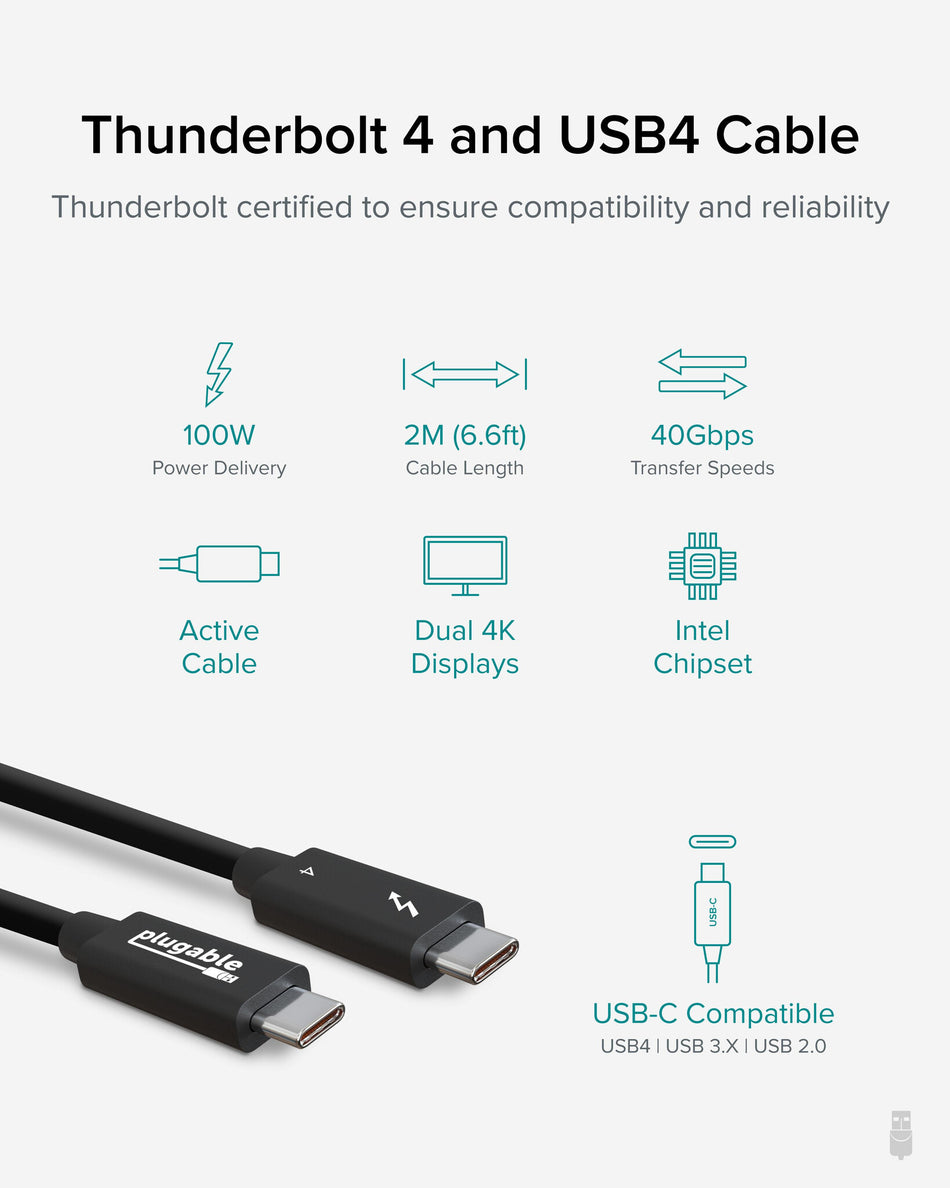 Plugable Technologies Thunderbolt 4 Cable [Thunderbolt Certified] 6.6ft USB4 Cable with 100W Charging, Single 8K or Dual 4K Displays, 40Gbps Data Transfer, Compatible with Thunderbolt, USB4, USB-C - Driverless