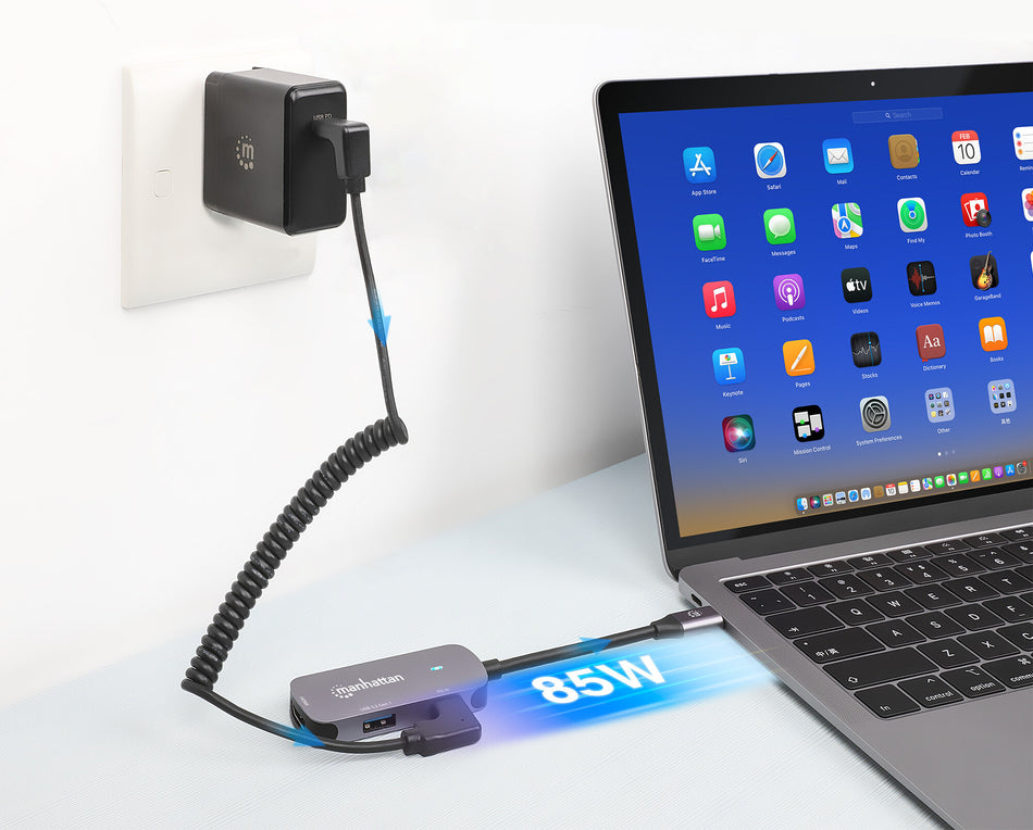 Manhattan USB-C Dock/Hub, Ports (x3): HDMI, USB-A and USB-C, With Power Delivery (100W) to USB-C Port (Note additional USB-C wall charger and USB-C cable needed), HDMI: 4k@60Hz, USB-A: 5 Gbps USB 3.2 Gen1 aka USB 3.0, Cable 11cm, Grey