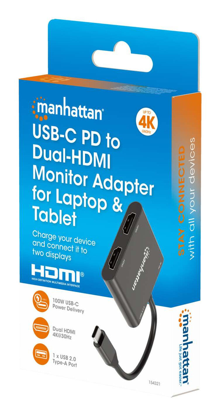 Manhattan USB-C to Dual HDMI & USB-A Adapter, Dual 4K@30Hz or Single 4K@60Hz, Power Delivery 100W, 480 Mbps (USB 2.0), Cable 15cm, Black, Male to Female, Three Year Warranty