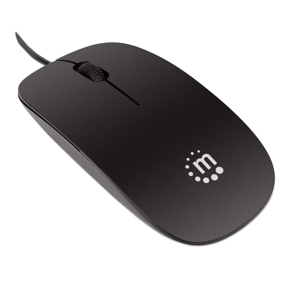 Manhattan Silhouette Sculpted USB Wired Mouse, Black, 1000dpi, USB-A, Optical, Lightweight, Flat, Three Button with Scroll Wheel, Three Year Warranty, Blister