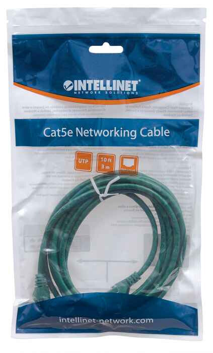 Intellinet Network Patch Cable, Cat5e, 3m, Green, CCA, U/UTP, PVC, RJ45, Gold Plated Contacts, Snagless, Booted, Lifetime Warranty, Polybag