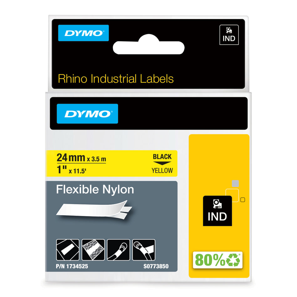 DYMO Rhino Industrial Flexible Nylon Labels | 24 mm x 3.5 m | Black Print on Yellow | Self-Adhesive | for Rhino & LabelManager Label Makers