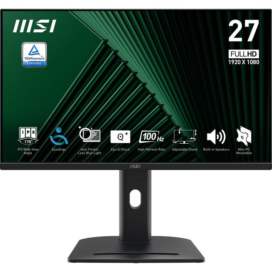 MSI PRO MP275PG 27 Inch Monitor, FHD (1920 x 1080), 100Hz, IPS, 1ms, 1x HDMI 1.4b, 1x DP 1.2a output, 1x D-Sub(VGA), Built-in Speakers, Anti-Glare, Anti-Flicker, Less Blue light, TÜV Certified, VESA, Kensington, 4-way adjustable stand, Black