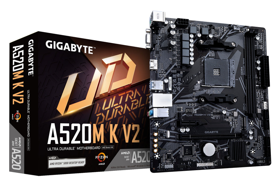 GIGABYTE A520M K V2 Motherboard - Supports AMD Ryzen 5000 Series AM4 CPUs, up to 5100MHz DDR4 (OC), PCIe Gen3 x4 M.2, GbE LAN, USB 3.2 Gen 1