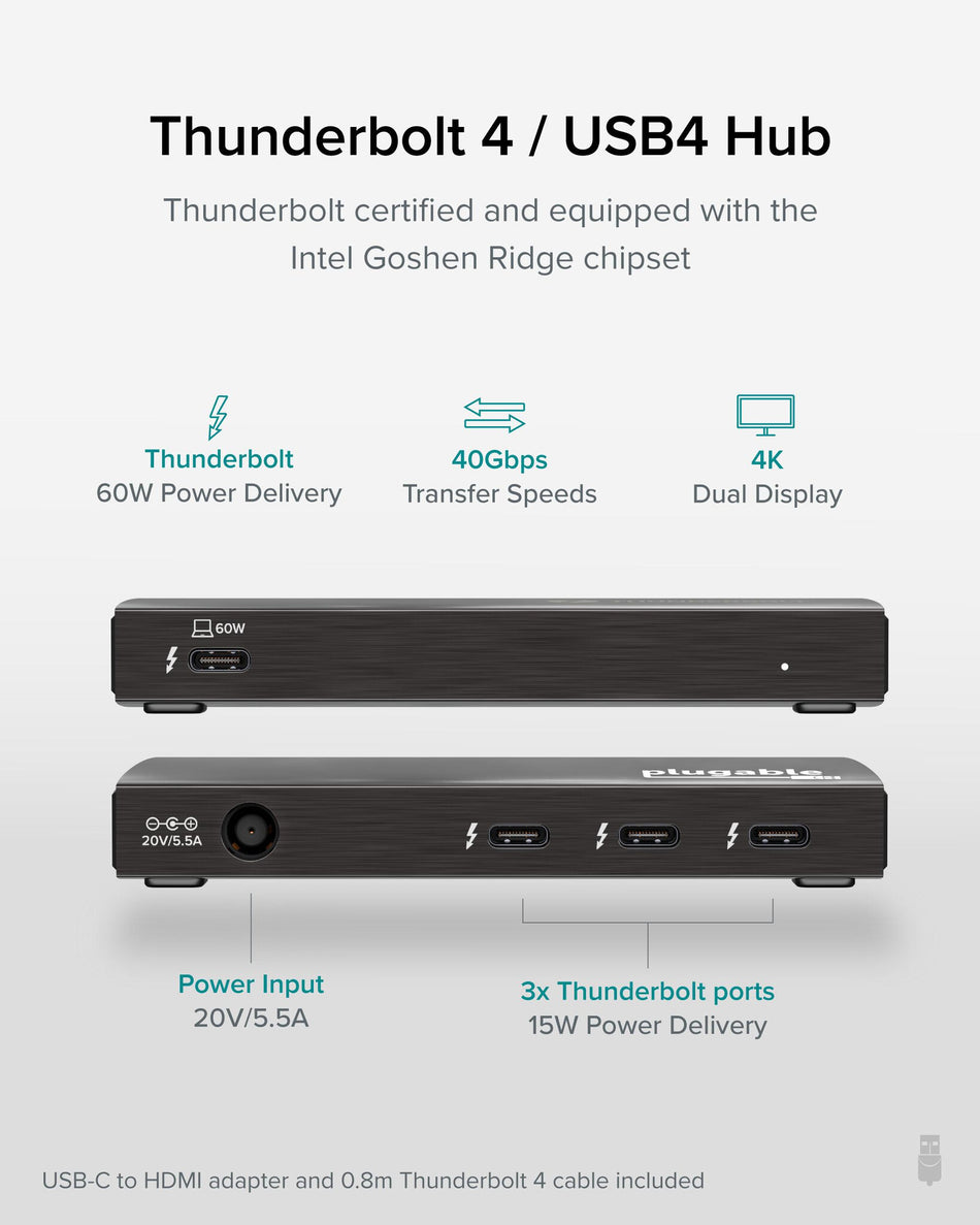 Plugable Technologies Thunderbolt 4 Hub, 4-in-1 Pure USB-C Design, Includes USB-C to 4K HDMI Adapter, 60W Laptop Charging, Compatible with Mac and Windows Laptops and USB-C, Thunderbolt 3 or 4, and USB4 devices