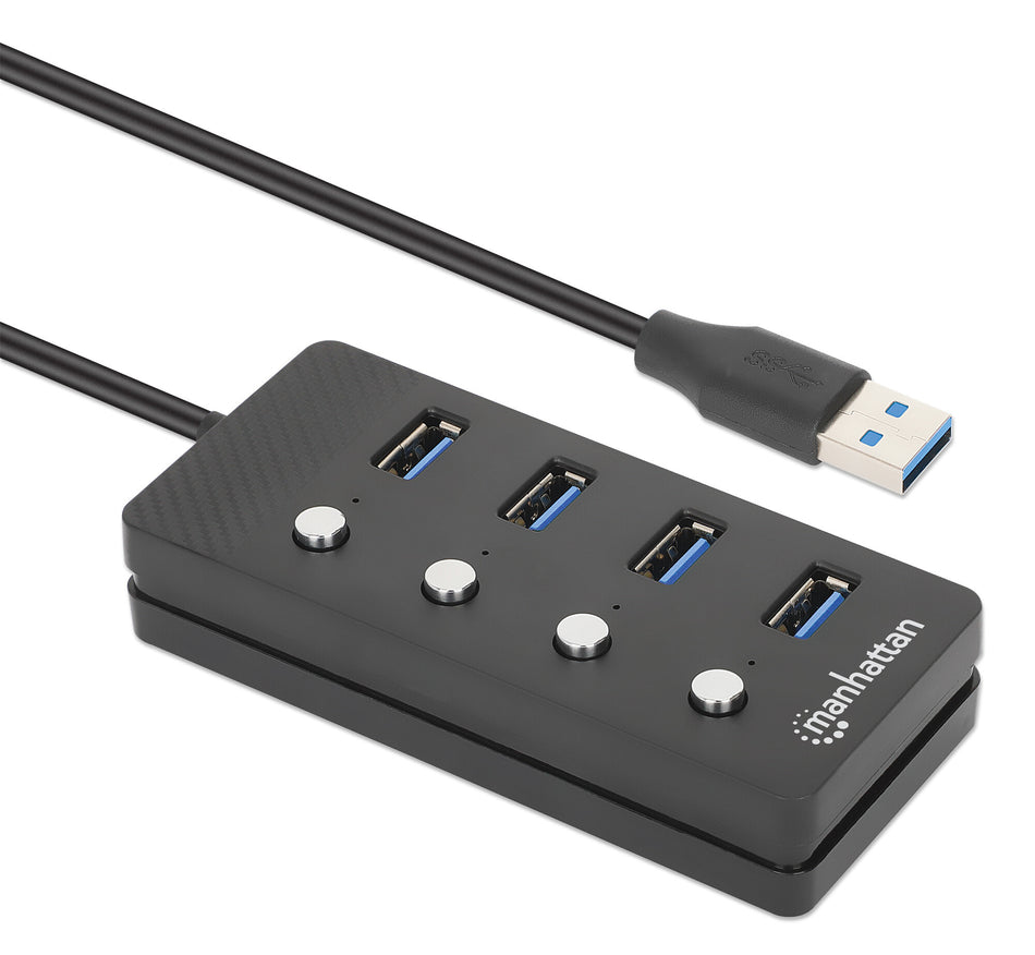 Manhattan USB-C Dock/Hub, Ports (x4) with on/off switch for each port: USB-A (x4), 5 Gbps (USB 3.2 Gen1 aka USB 3.0), Bus or AC powered (optional jack, not included), Cable 1.5m, SuperSpeed USB, Black, Blister