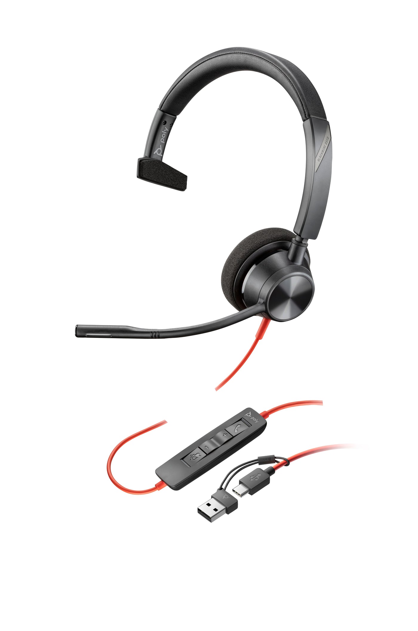 HP Poly Blackwire 3310 Monaural USB-C Headset +USB-C/A Adapter