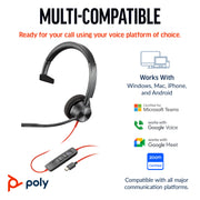 HP Poly Blackwire 3310 Monaural USB-C Headset +USB-C/A Adapter