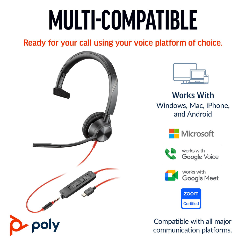 POLY Blackwire 3315 Monaural USB-C Headset +3.5mm Plug +USB-C/A Adapter