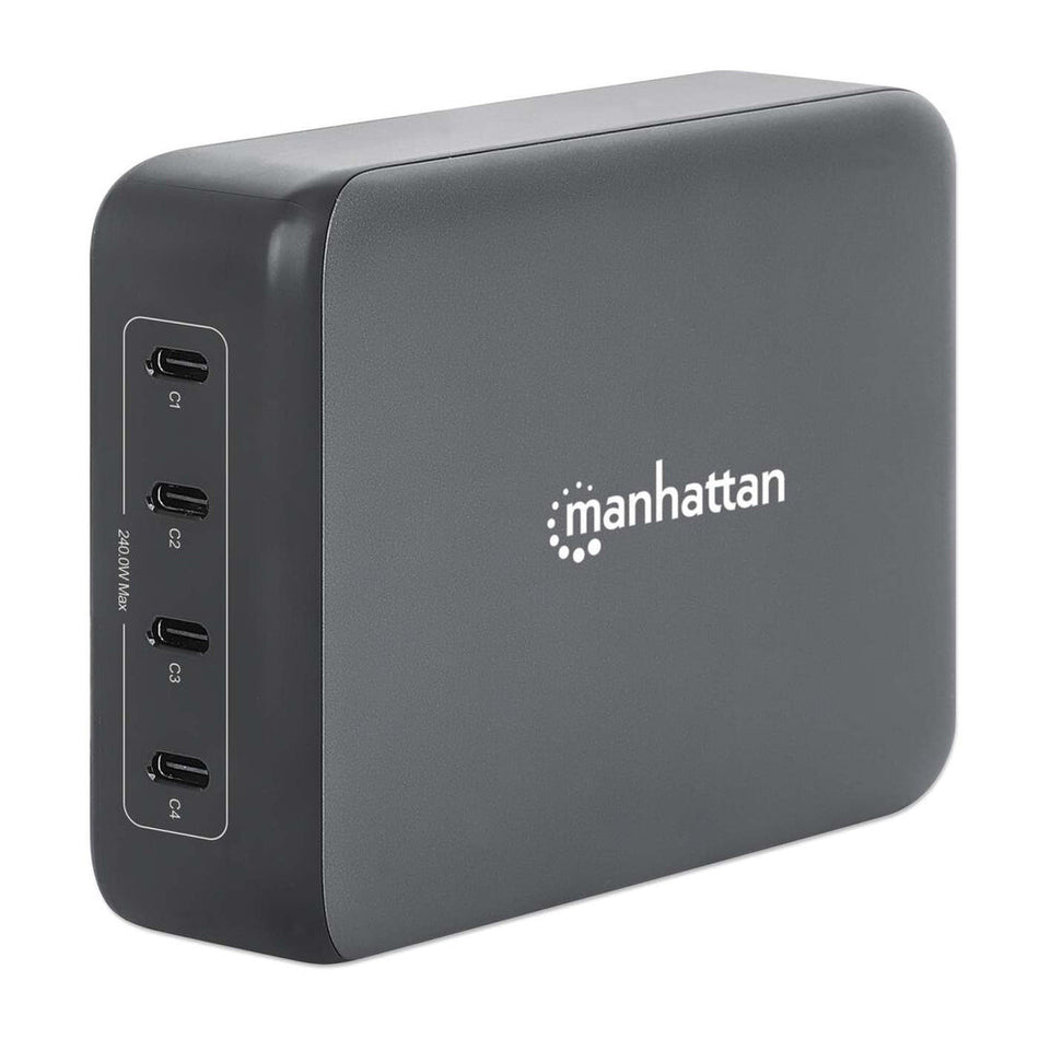 Manhattan Mains USB-C Laptop Charging Station 4-port, Universal charging for ALL laptops (incl power hungry gaming machines & equivalent) with ports to simultaneously charge phones/watches/earpods/etc, GaN, Each PD port up to 140W (Max 240W), UK Power cor