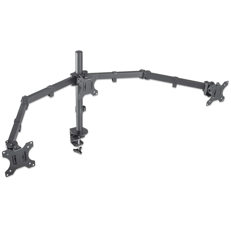 Manhattan TV & Monitor Mount, Desk, Double-Link Arms, 3 screens, Screen Sizes: 10-27", Black, Clamp Assembly, Triple Screen, VESA 75x75 to 100x100mm, Max 7kg (each), Lifetime Warranty