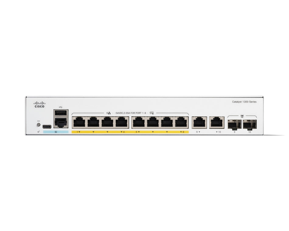 Cisco Catalyst 1300-8P-E-2G Managed Switch, 8 Port GE, PoE, Ext PS, 2x1GE Combo, Limited Lifetime Protection (C1300-8P-E-2G)