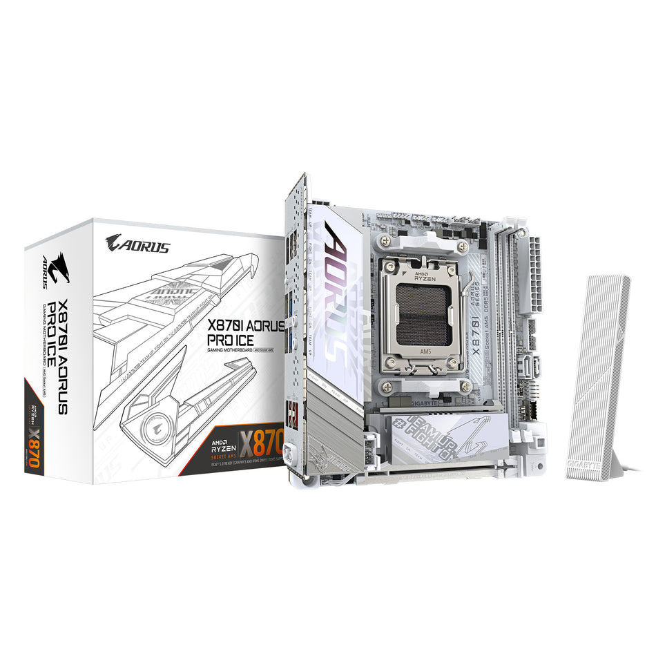 GIGABYTE X870I AORUS PRO ICE Motherboard - Supports AMD Ryzen 9000 Series CPUs, 8+2+1 phases VRM, up to 8400MHz DDR5 (OC), 1xPCIe 5.0 M.2 + 1xPCIe 4.0 M.2, WI-FI 7, 2,5GbE LAN, USB 4