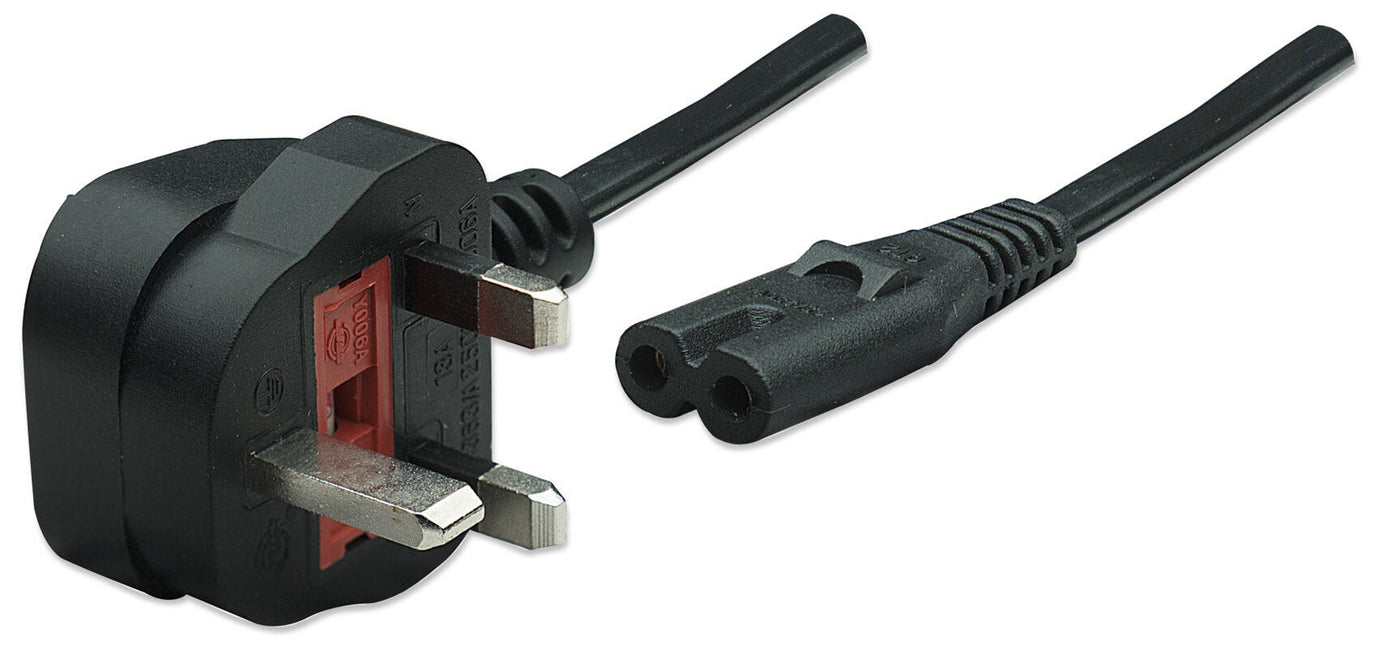 Manhattan Mains Power Cord/Cable, UK 3-pin plug to C7 Female (figure of eight), 1.8m, 13A, Black, Lead, Lifetime Warranty