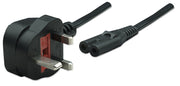 Manhattan Mains Power Cord/Cable, UK 3-pin plug to C7 Female (figure of eight), 1.8m, 13A, Black, Lead, Lifetime Warranty